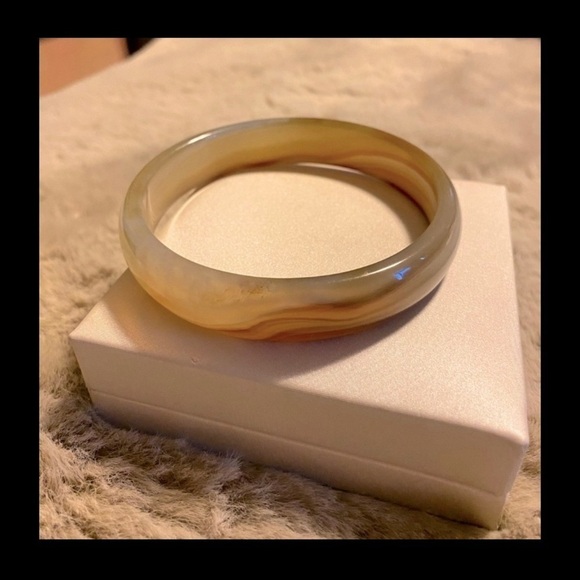 GENUINE Brown & White Banded Brazilian Agate Gemstone Bangle Bracelet 8.5” 8mm - Picture 5 of 5